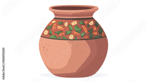 A digital illustration of a terracotta pot with a mid-section band featuring a stylized floral and vegetable design. The pot is light brown/orange, round-bellied, with a slightly flared rim. 