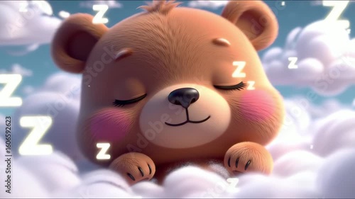 Cute animated teddy bear sleeping soundly on fluffy dreamy clouds with floating Zs