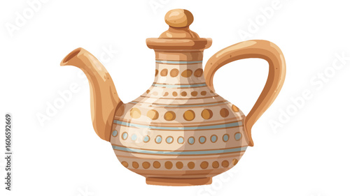 A digital illustration of an ornate ceramic teapot. The teapot is light beige with gold accents. It features a repeating pattern of dots and lines around the body. The teapot has a rounded body, 