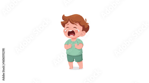 A digital illustration of a young boy with reddish-brown hair, wearing a mint green short-sleeved shirt and light brown shorts, crying profusely. The style is cartoonish, with soft lines and muted