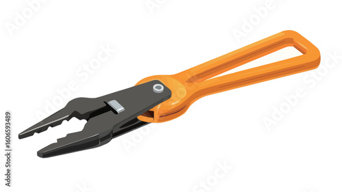 A close-up studio shot of a handheld clamp tool. The tool is predominantly black with an orange handle.  The image has a white background and shows the tool in sharp focus with no shadows. 