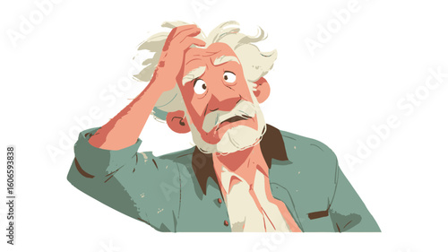A digital illustration of an elderly man with white hair and a beard, depicted from the chest up against a white background. He has a worried and confused expression, with his hand on his head. 
