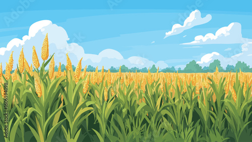 A digital illustration depicting a wide shot of a cornfield under a bright, sunny sky. The corn stalks are predominantly green with yellow ears of corn, and the sky is light blue with fluffy white