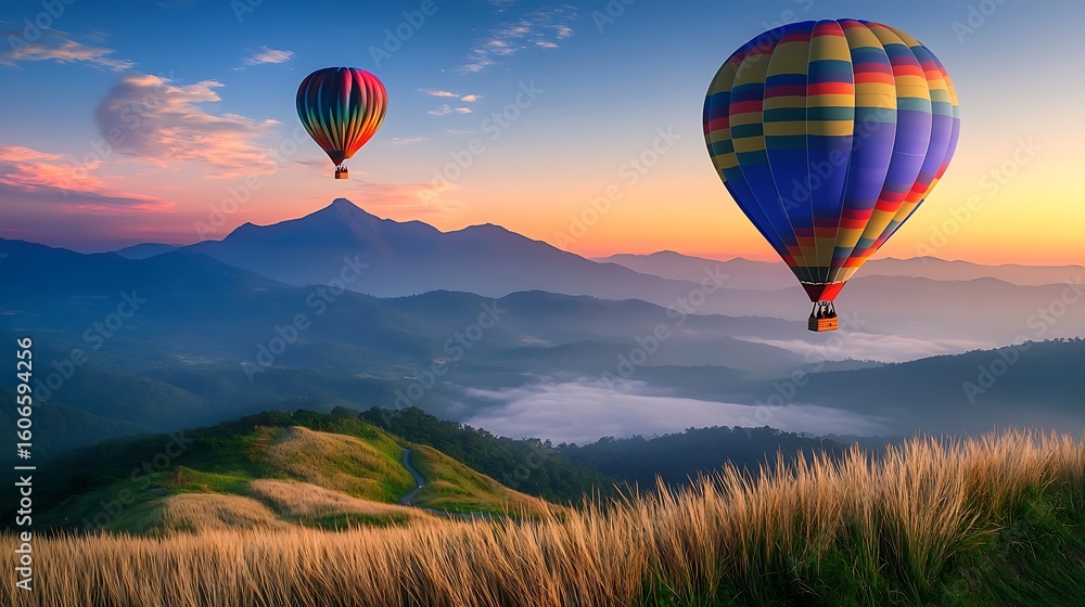 Naklejka premium Colorful hot air balloons soaring over mountainous landscape at dawn, view from grassy hilltop