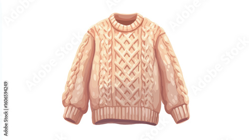 An illustration of a peach-colored cable knit sweater. The sweater is depicted in a detailed style, showcasing the texture of the knit. It has a high neck and long sleeves with a ribbed hem and