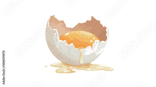 A digital painting or illustration depicting a broken chicken egg with its yolk visible. The eggshell is cracked and partially removed, revealing the yellow yolk. Some egg white is dripping down