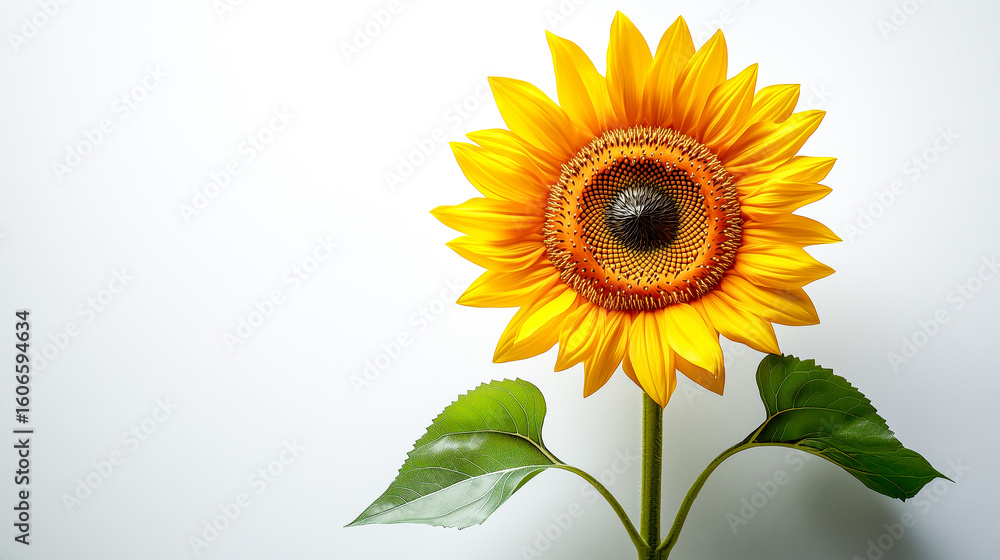 Obraz premium Vibrant sunflower with bright yellow petals and detailed center stands against clean white background, evoking sense of cheerfulness and simplicity