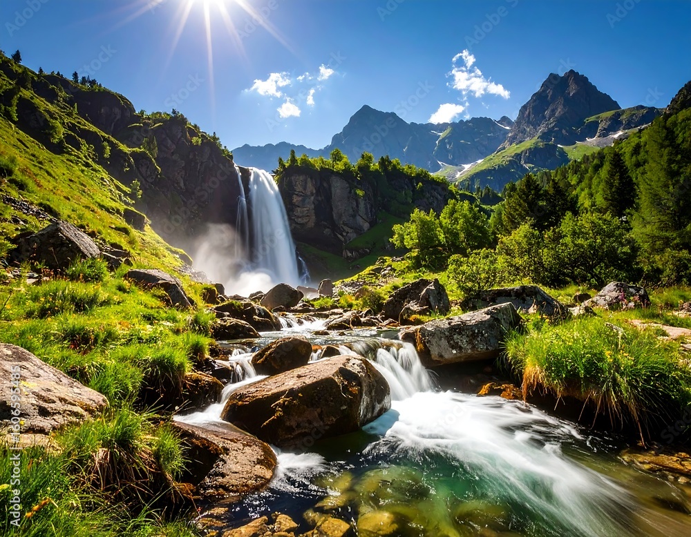Fototapeta premium Majestic mountain waterfall cascading into a pristine stream