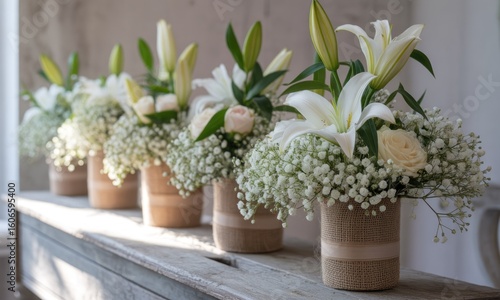 Row of floral arrangements in tan burlap vases, lilies and baby's breath
