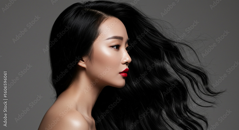 Fototapeta premium Elegant Asian Woman with Flowing Black Hair – Side Profile Beauty Shot