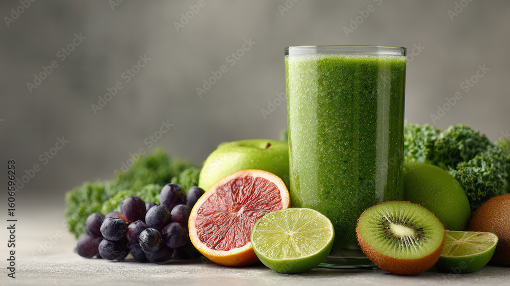 Green smoothie in a glass with fruits, symbolizing healthy nutrition Green smoothie in a glass with fruits, symbolizing healthy nutrition