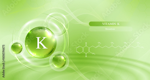Vitamin K and structure. vitamin complex with chemical formula from nature. beauty treatment nutrition skin care design. Medical and scientific concepts. vector design.