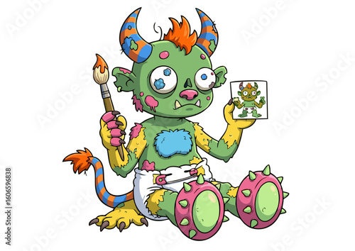 Cartoon Monster Artist Holding Brush and Painting a Picture of Itself.