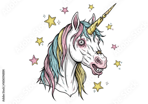 A Spooky Colorful Zombie Unicorn with a Broken Horn.