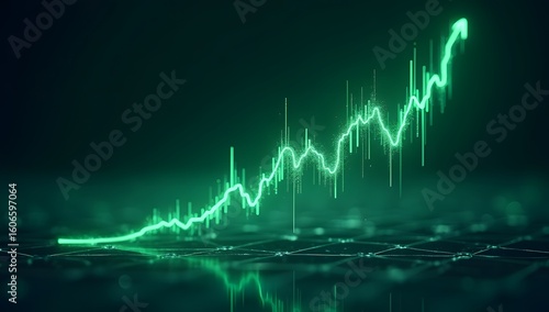 Stylized visual of market growth shown through abstract chart elements like arrows, bars, or candles in glowing green form. AI-Generated!

