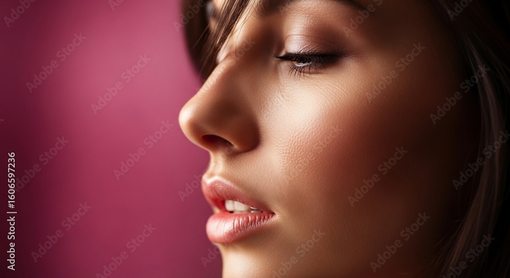 Obraz premium Close-up of Woman's Face, Pink Background, Beauty Portrait.