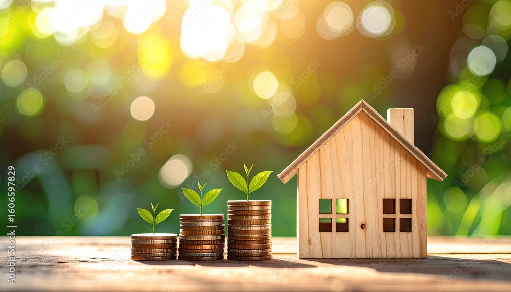 Wooden house and coins with growing plants Wooden house and coins with growing plants