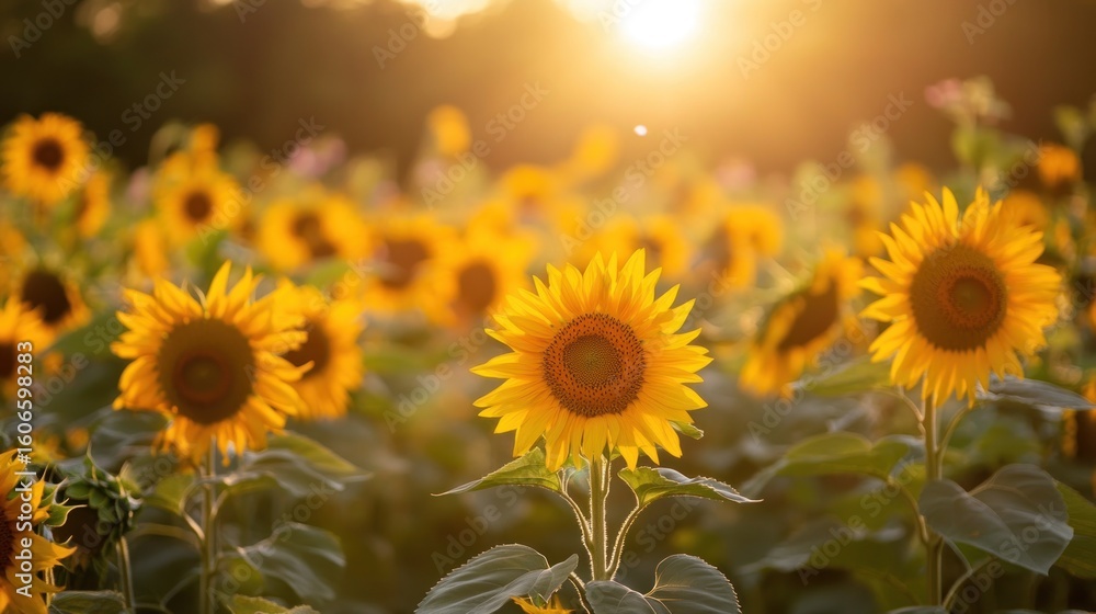 Obraz premium Sunflowers in a field at sunset