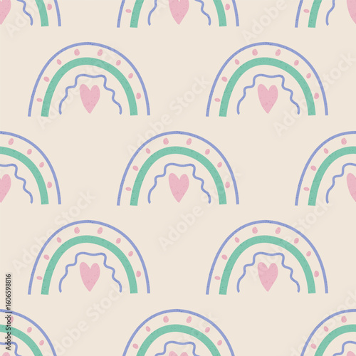 Seamless vector pattern with hand drawn rainbows. Design perfect for textiles, kids products, scrapbooking, wrapping paper, and nursery decor.