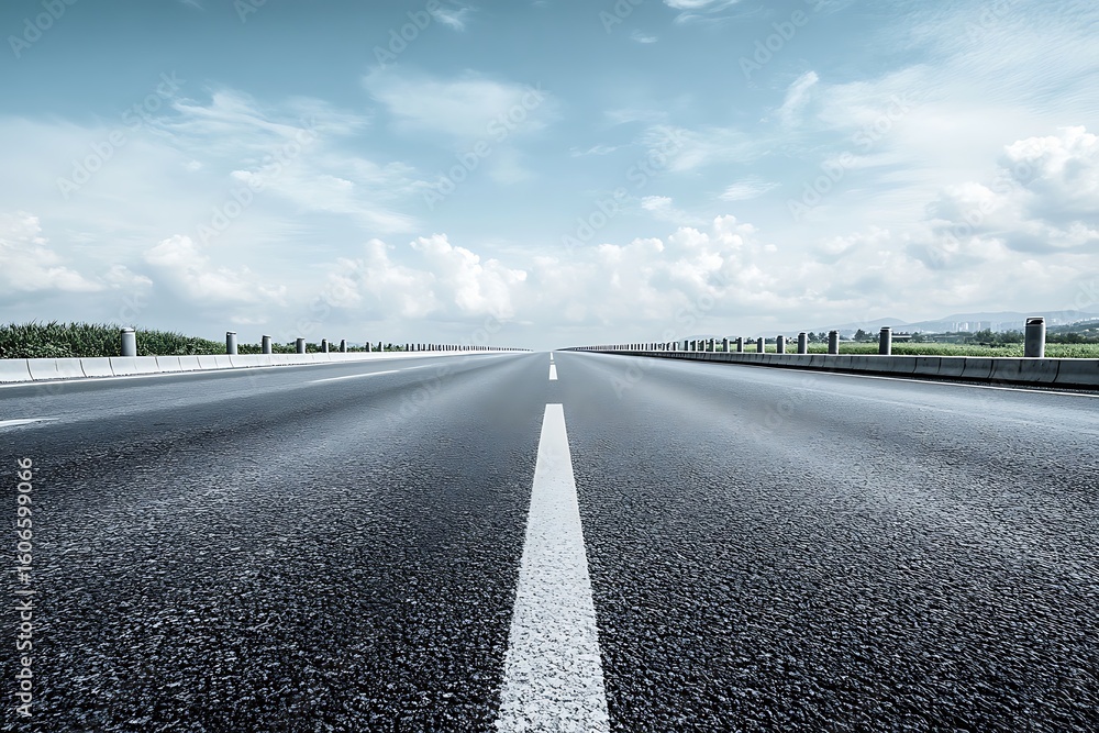 Naklejka premium Empty highway with white line vanishing point perspective, bright cloudy sky, asphalt road