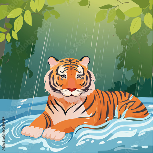 Majestic tiger rests serenely in cool water during a gentle rain shower surrounded by lush greenery