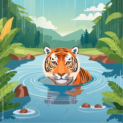 Majestic tiger emerges from tranquil water amidst lush jungle rain, powerful and serene