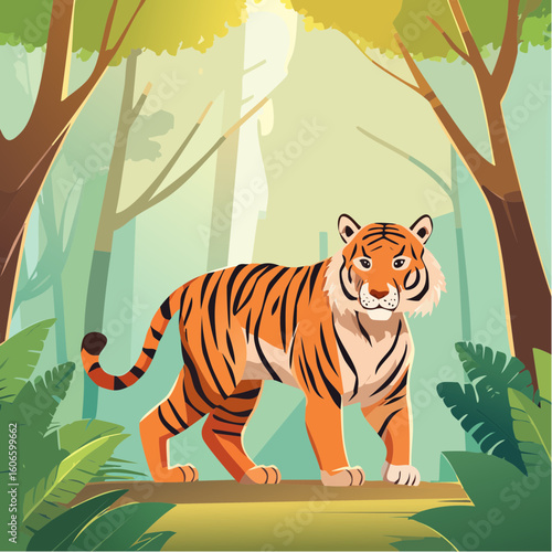 Majestic tiger prowls through lush jungle foliage, embodying wild nature and powerful grace