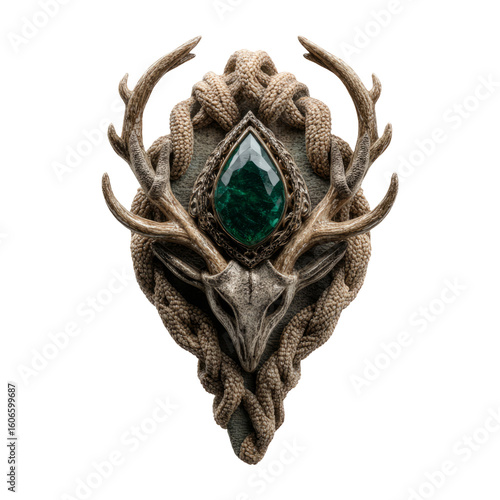 Decorative skull mount with green gem on isolated transparent backdrop