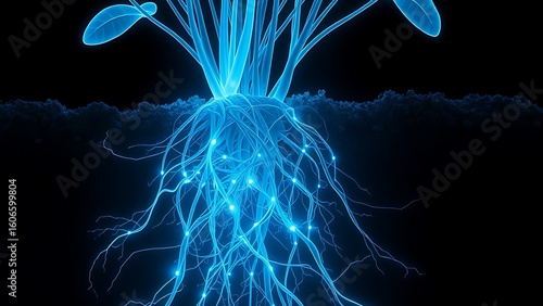An X-ray view of plant roots unveiling a hidden glowing network weaving through the soil.