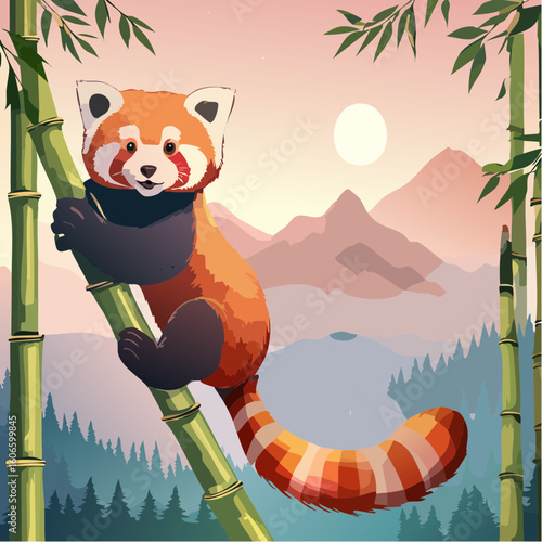 Adorable Red Panda climbs bamboo tree in serene mountain landscape at sunset, nature's beauty captured