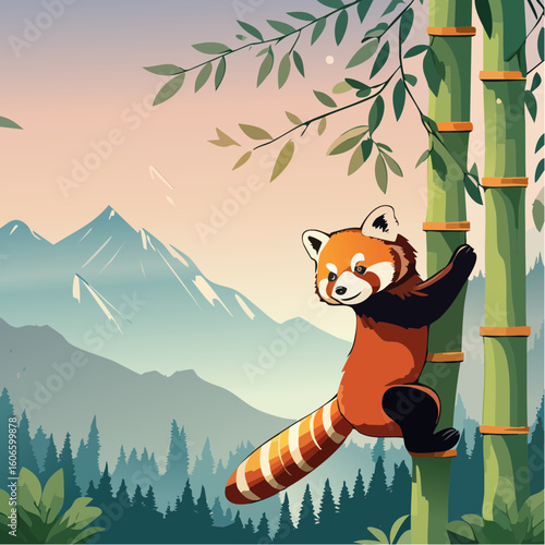 Adorable red panda climbs bamboo stalks amidst serene mountain forest landscape