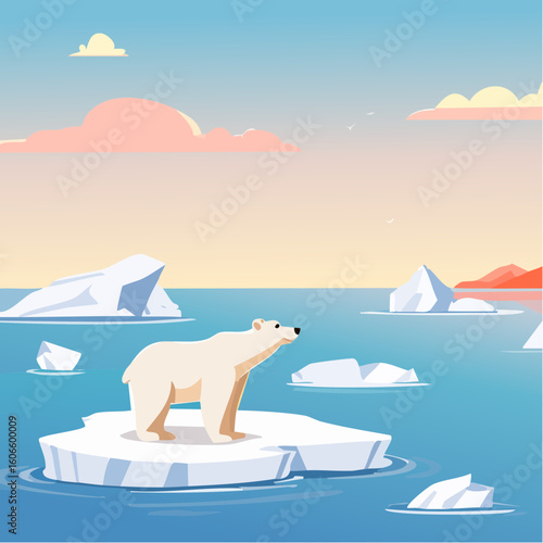 Majestic polar bear stands on ice floe amidst tranquil arctic waters under soft sky
