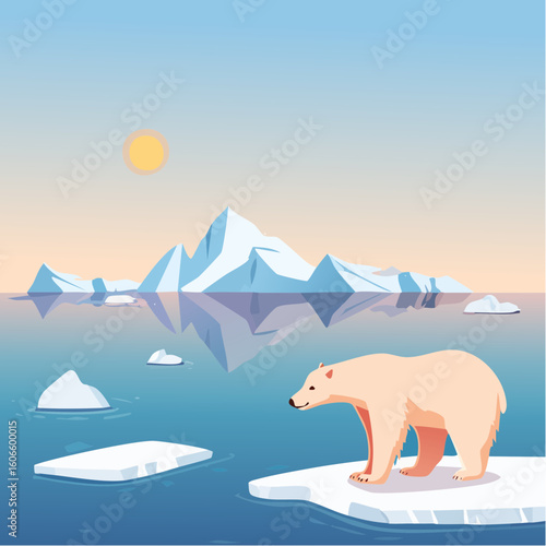 Majestic polar bear surveys icy arctic landscape with serene sunlit mountains reflecting in calm water
