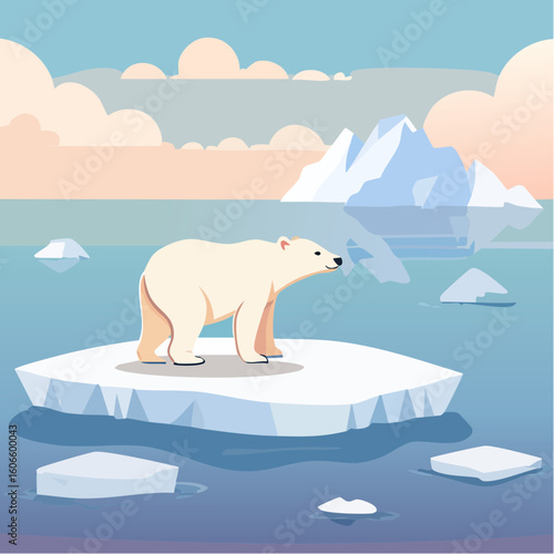 Solitary polar bear stands on melting ice floe amidst serene arctic waters with distant icebergs under pastel sky