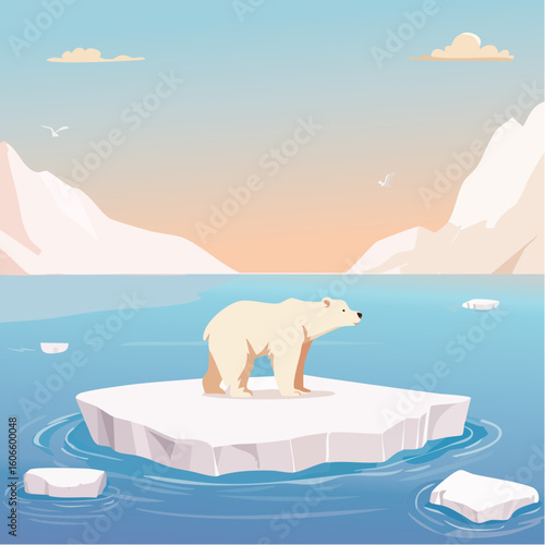 Majestic polar bear stands on melting ice floe surrounded by arctic waters and icy peaks