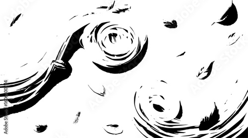 Monochrome depiction of swirling water with leaves falling around the water and a faucet nearby