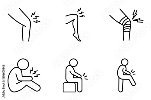 Pain in knee line icon set. Legs with joint pain, osteoporosis, knee injury. Body aches concept. vector illustration on white background