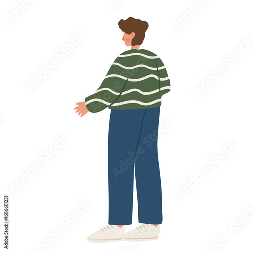 Illustration of a man in striped green sweater and jeans facing left with relaxed posture and casual sneakers. Flat vector illustration.