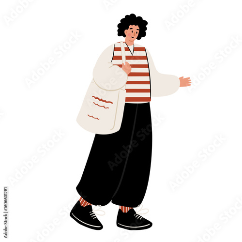 Illustration of a young man with curly hair in black pants and striped sweatshirt holding a white tote bag. Flat vector illustration.