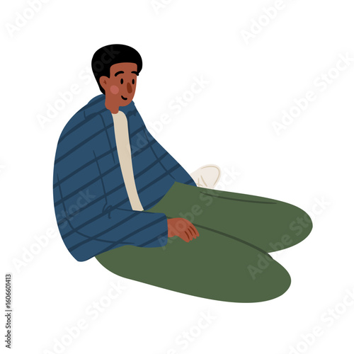 Illustration of a young black man in blue hoodie and green pants sitting casually on the ground. Flat vector illustration.