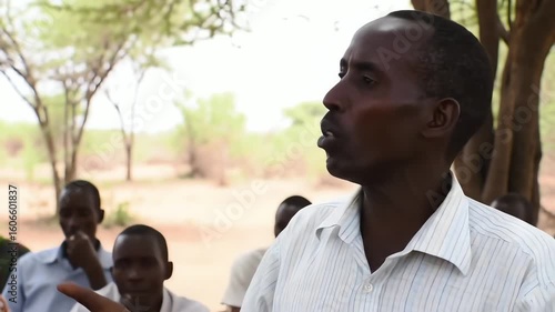 An African man passionately speaks and gestures during an outdoor community meeting in a rural village