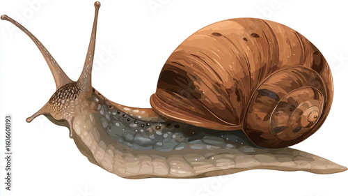 A detailed close-up illustration of a brown snail. The snail's shell is large and exhibits a spiral pattern with variations in shades of brown and hints of other colors. The shell's texture appears