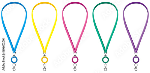 リール付きネックストラップのベクターイラスト素材ビビットカラバリセット(Neck Strap with Reel – Vivid Color Variations / Vector Illustration Set)