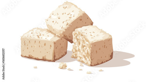 An illustration depicting three off-white, irregularly-shaped cubes of bread. The bread appears slightly crumbly, with visible texture.  The cubes are arranged slightly overlapping on a white