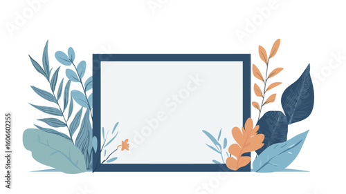 A digital illustration of a dark-blue rectangular frame positioned centrally against a white background. The frame is surrounded by stylized, flat-colored floral elements. 
