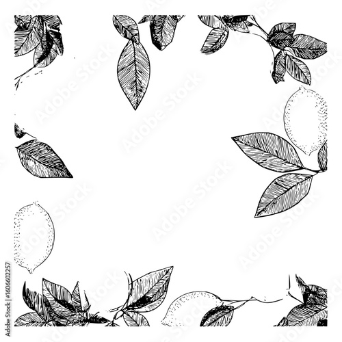 Illustration of lemons and leaves forming a border around a white space with detailed line work style