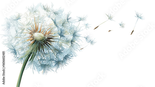 Close-up shot of a dandelion seed head with numerous seeds blowing away in the wind. The image is predominantly white and light blue/grey, with a soft, airy quality. 
