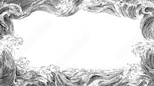 Illustration of a frame with a border of stylized waves and ocean water in a vintage engraving style