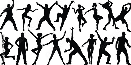 Vector art of a dynamic collection of dancers in various energetic poses, captured in silhouette isolated on transparent background.