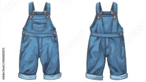 Digital illustration showing two views of a pair of light blue denim overalls for a baby or toddler. The overalls have adjustable straps, a small front pocket, and cuffed legs. One view shows the